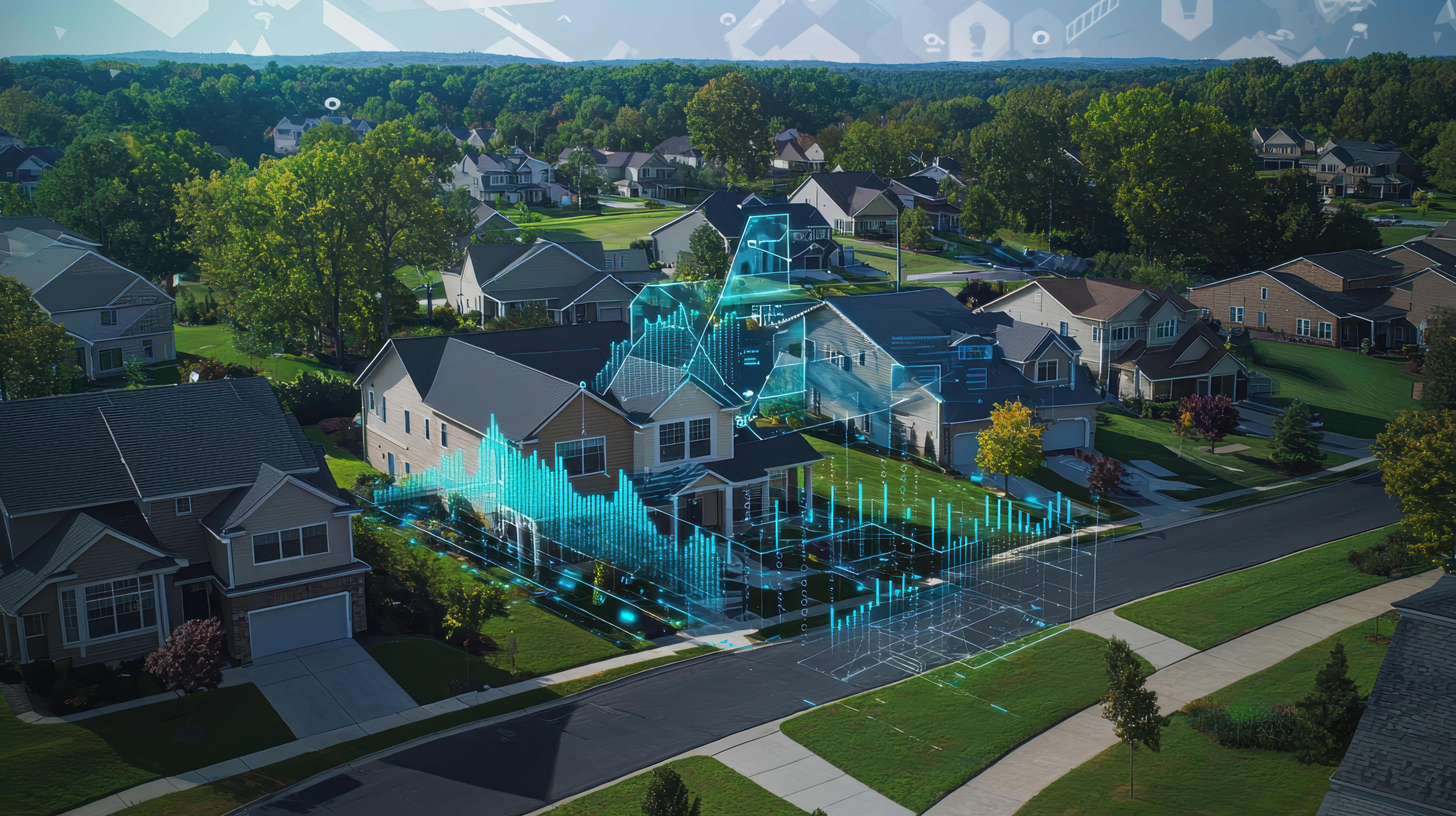 Aerial photograph of a residential neighborhood with connected data points overlaid, representing a network of trusted property records